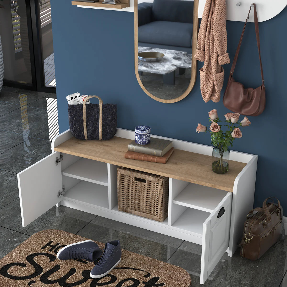 Home Canvas Reflections Modern Wall Mirror Rack & Shoe Bench White and Oak