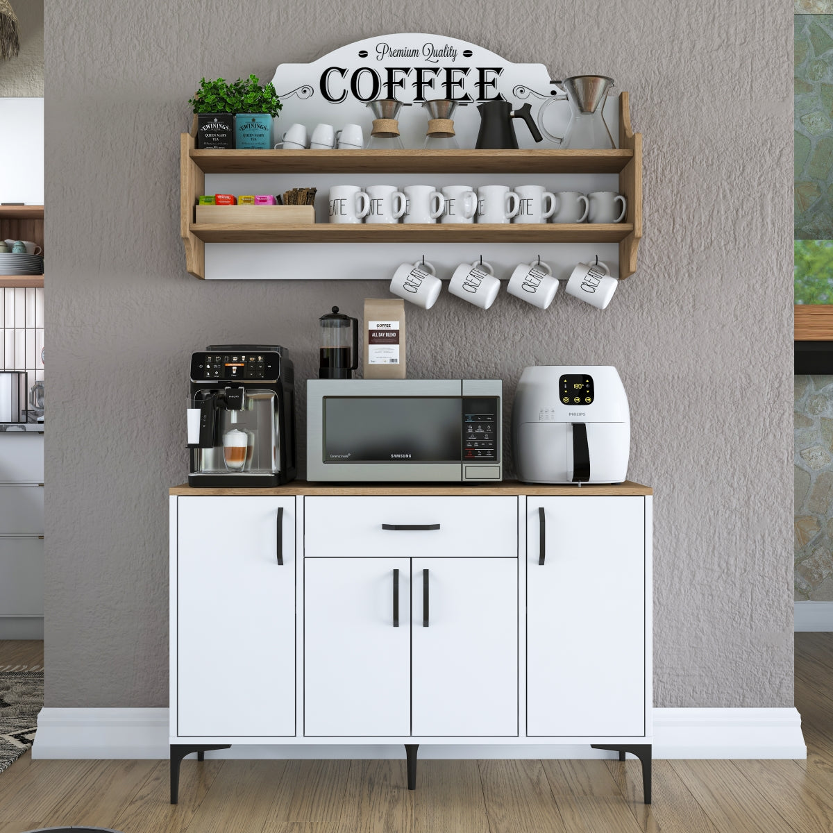 Home Canvas Bistro Multi-Storage Cabinet with Wall-Mounted Shelving White and Oak