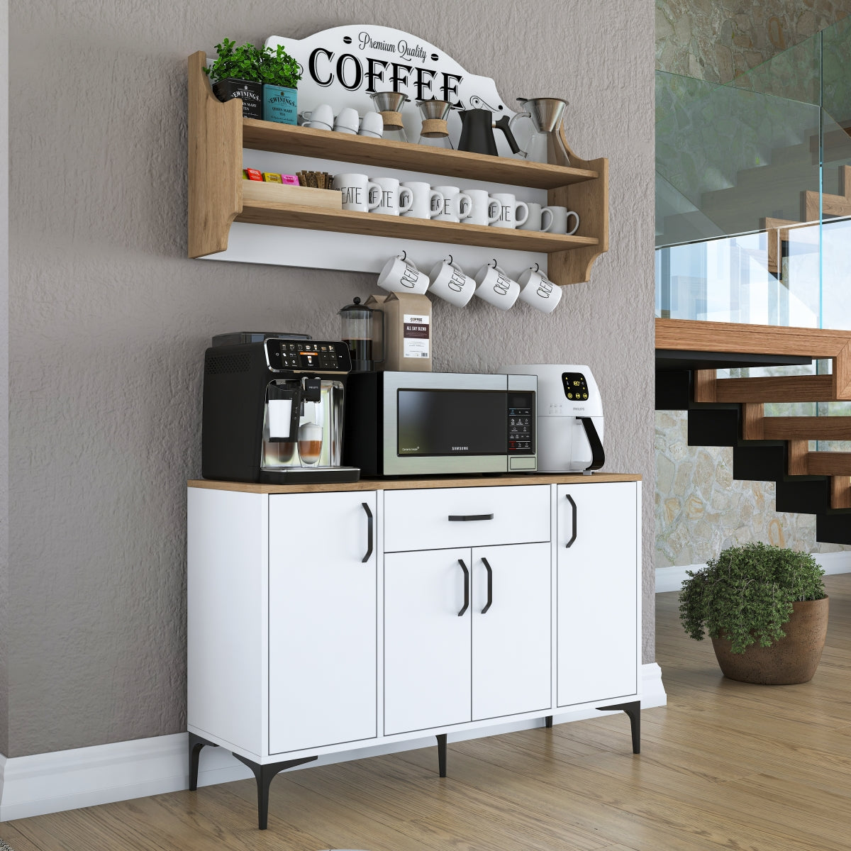 Home Canvas Bistro Multi-Storage Cabinet with Wall-Mounted Shelving White and Oak