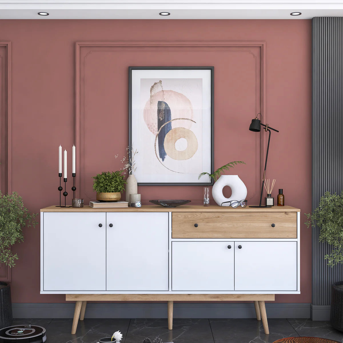 Home Canvas Elegance Sideboard Crockery Unit Modern While and Oak