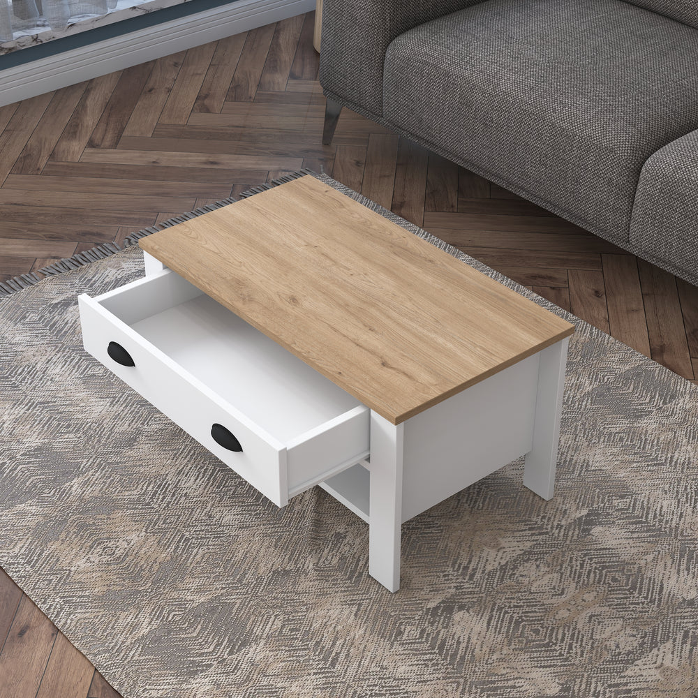 Home Canvas Coffee Table Centre Table Modern Leg Drawer Basket Walnut - White