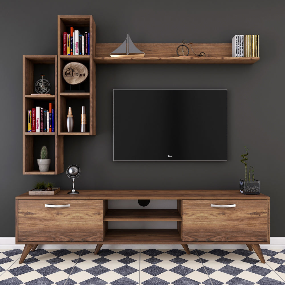Home Canvas Tv Unit With Wall Shelf Tv Stand With Bookshelf Wall Mounted With Shelf Modern Leg 180 cm