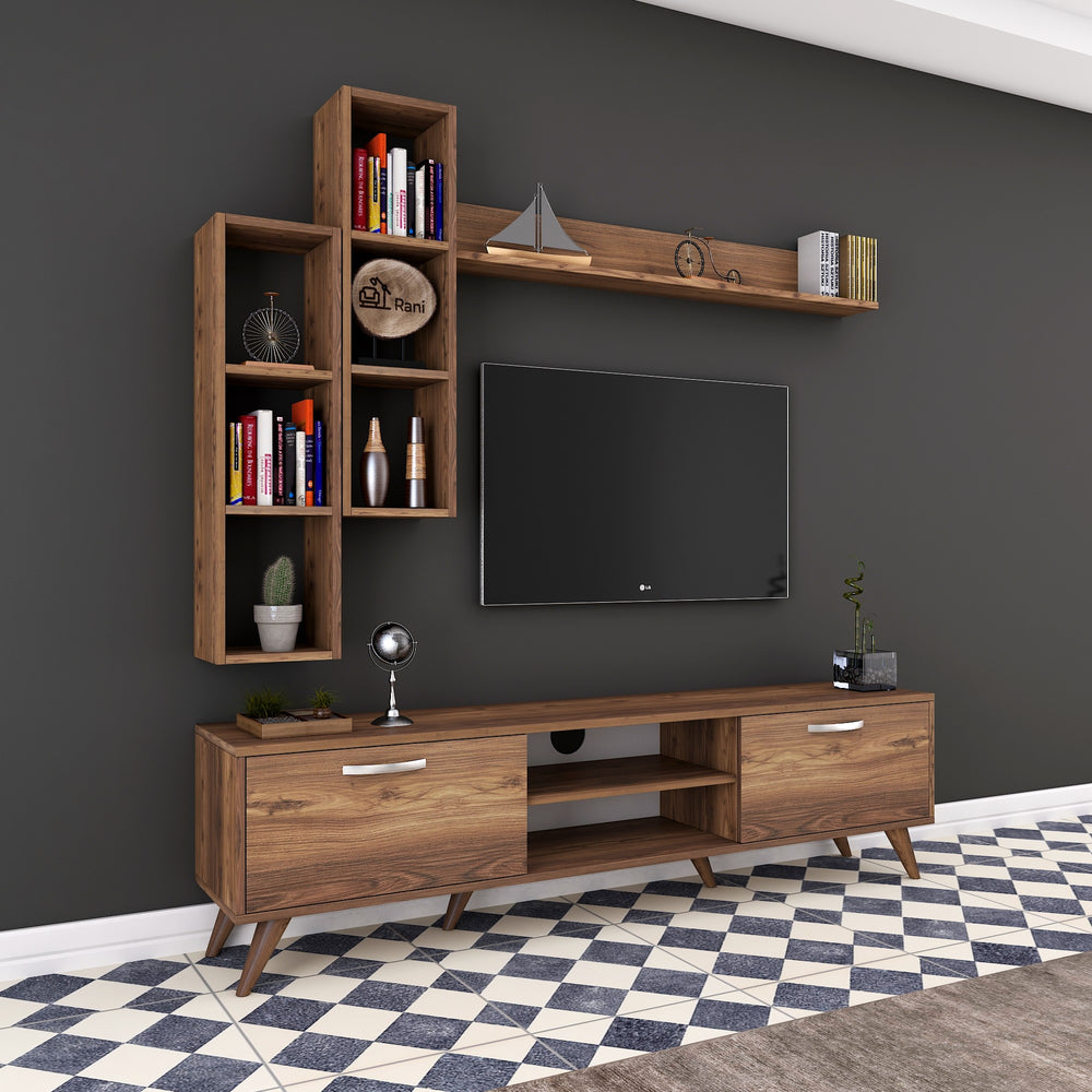 Home Canvas Tv Unit With Wall Shelf Tv Stand With Bookshelf Wall Mounted With Shelf Modern Leg 180 cm