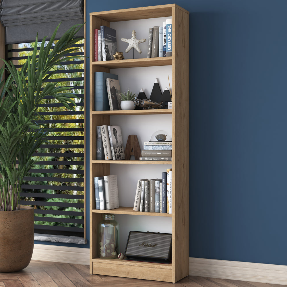 Home Canvas Bookshelf with 5 Shelves Study Room Library Modern Wall Shelf Basket Width 30cm Walnut