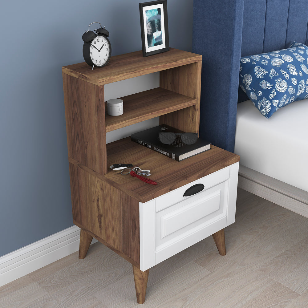 Home Canvas Bedside Table Night Stand with 2 Shelves | Night Stand with Membrane Drawer for Bedroom - White/Walnut