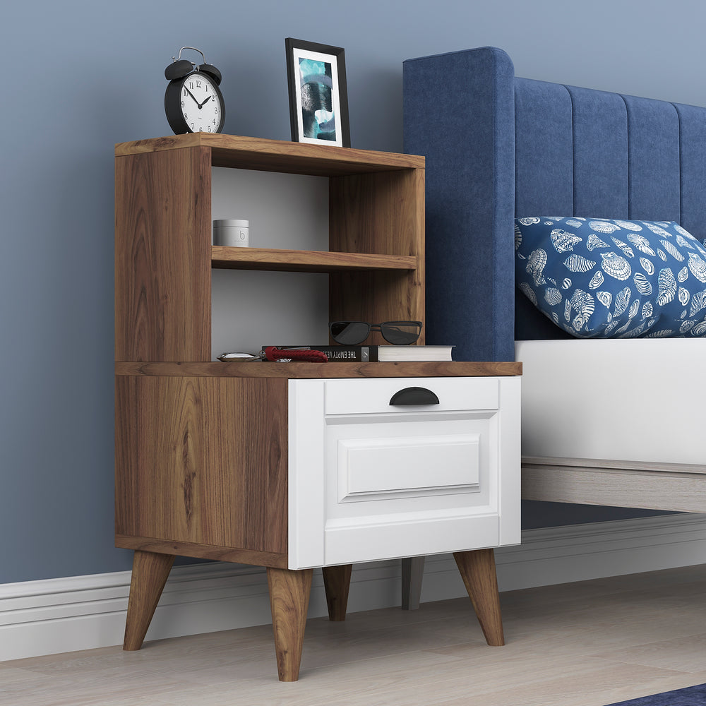 Home Canvas Bedside Table Night Stand with 2 Shelves | Night Stand with Membrane Drawer for Bedroom - White