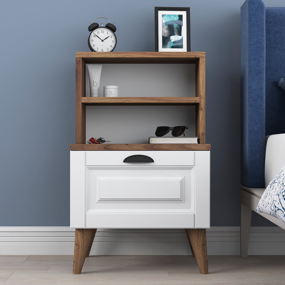 Home Canvas Bedside Table Night Stand with 2 Shelves | Night Stand with Membrane Drawer for Bedroom - White/Walnut