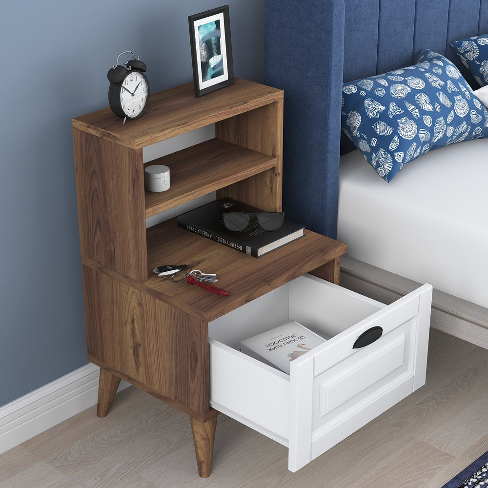 Home Canvas Bedside Table Night Stand with 2 Shelves | Night Stand with Membrane Drawer for Bedroom - White/Walnut