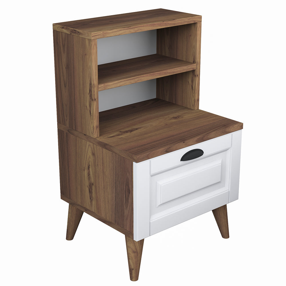 Home Canvas Bedside Table Night Stand with 2 Shelves | Night Stand with Membrane Drawer for Bedroom - White/Walnut