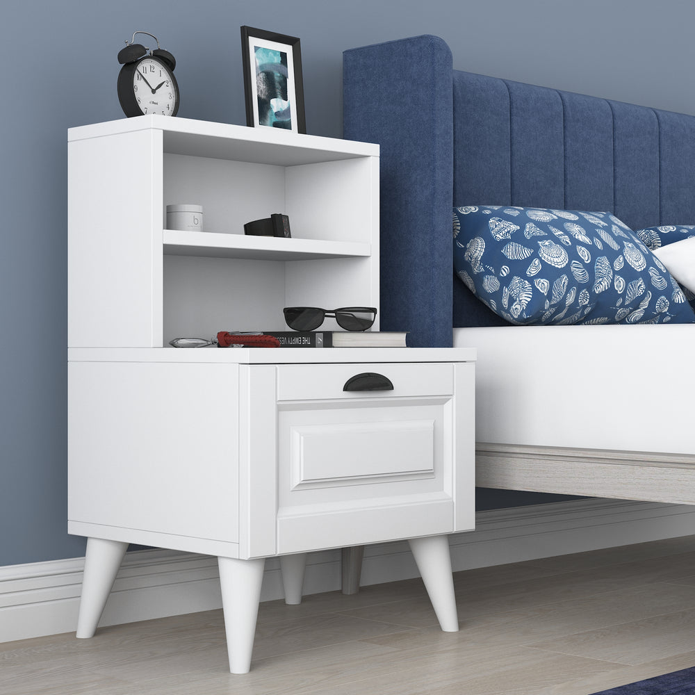 Home Canvas Bedside Table Night Stand with 2 Shelves | Night Stand with Membrane Drawer for Bedroom - White/Walnut