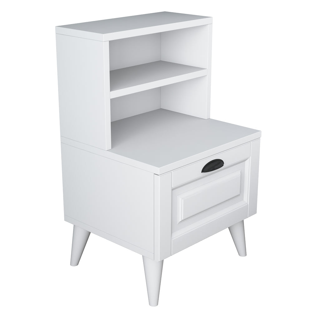 Home Canvas Bedside Table Night Stand with 2 Shelves | Night Stand with Membrane Drawer for Bedroom - White/Walnut