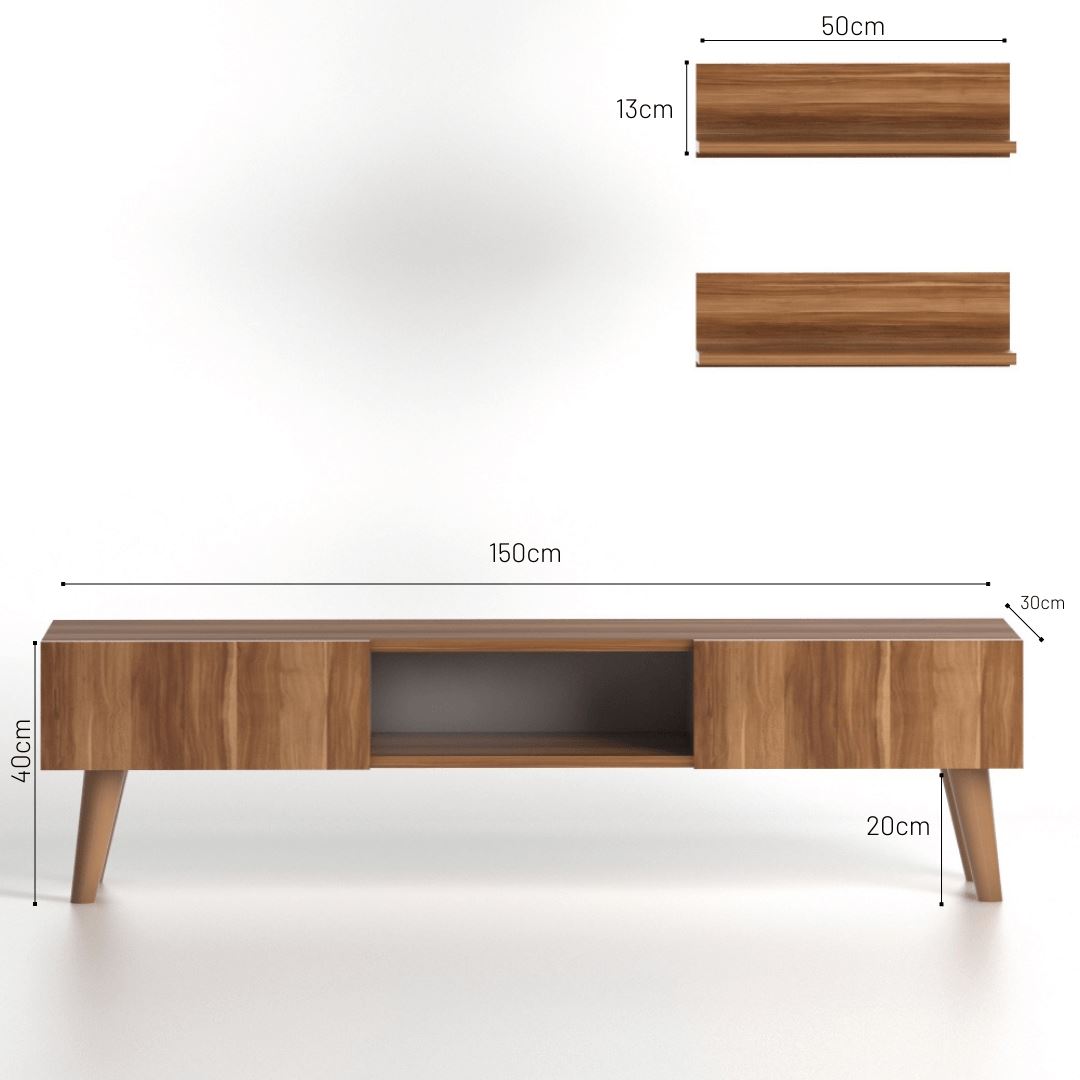 Home CanvasHome Canvas Atlantis Modern Tv Stand with 2 Wooden Wall Mount Shelf - Walnut TV Unit