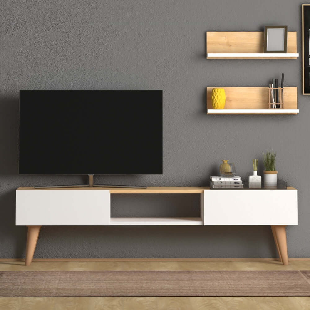 Home CanvasHome Canvas Atlantis Modern Tv Stand with 2 Wooden Wall Mount Shelf - Walnut TV Unit