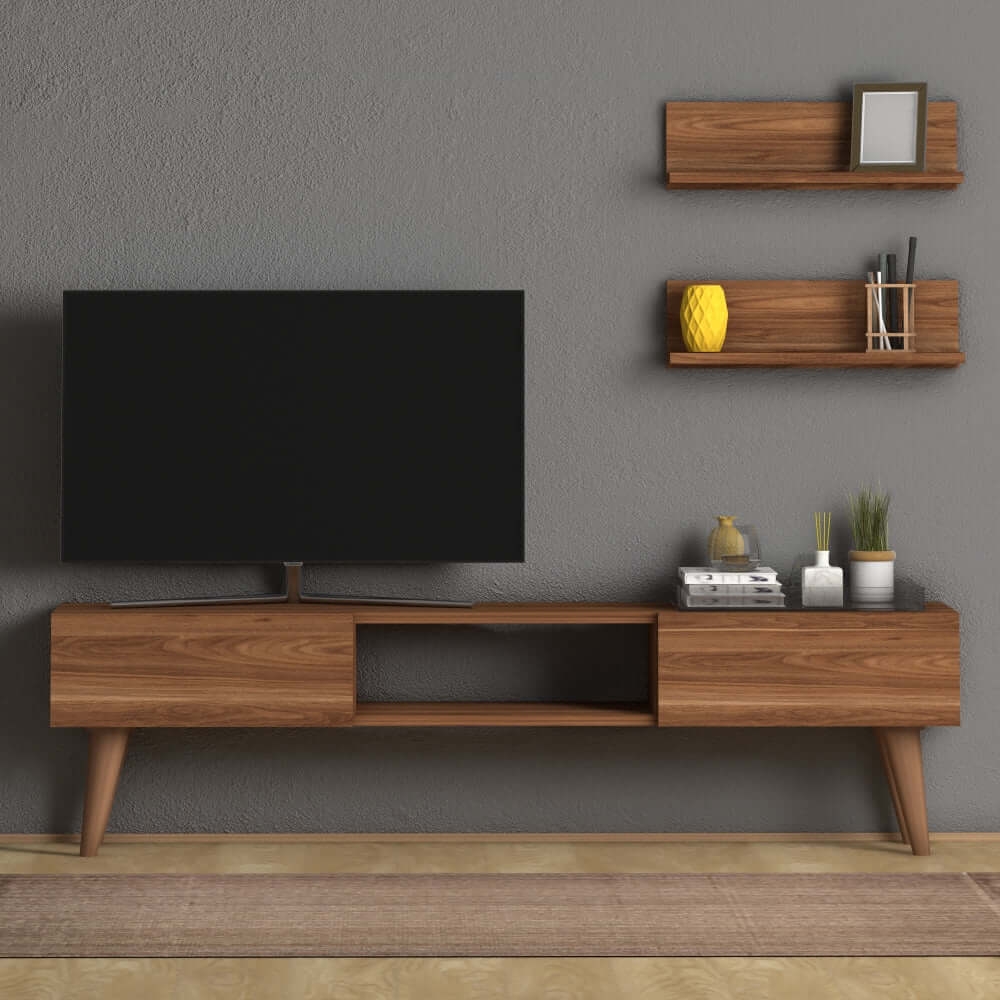Home CanvasHome Canvas Atlantis Modern Tv Stand with 2 Wooden Wall Mount Shelf - Walnut TV Unit