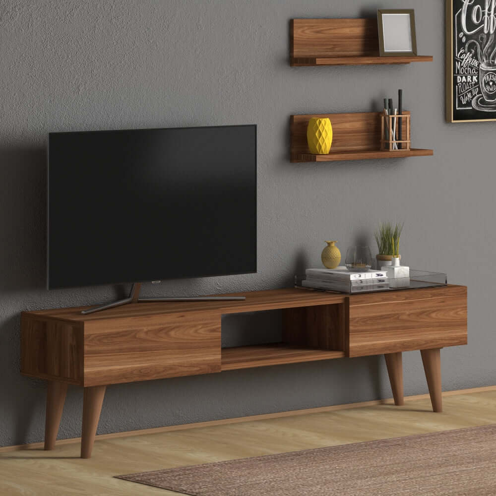 Home CanvasHome Canvas Atlantis Modern Tv Stand with 2 Wooden Wall Mount Shelf - Walnut TV Unit