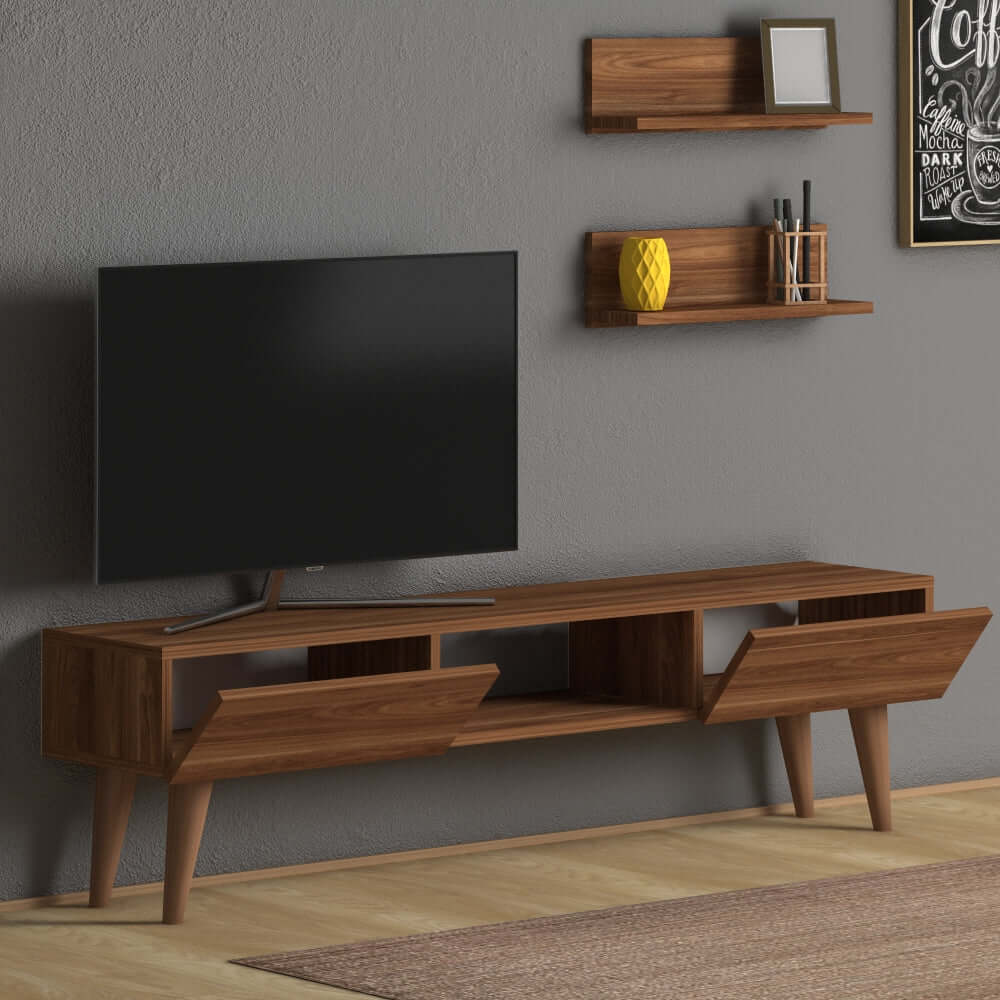 Home CanvasHome Canvas Atlantis Modern Tv Stand with 2 Wooden Wall Mount Shelf - Walnut TV Unit Walnut