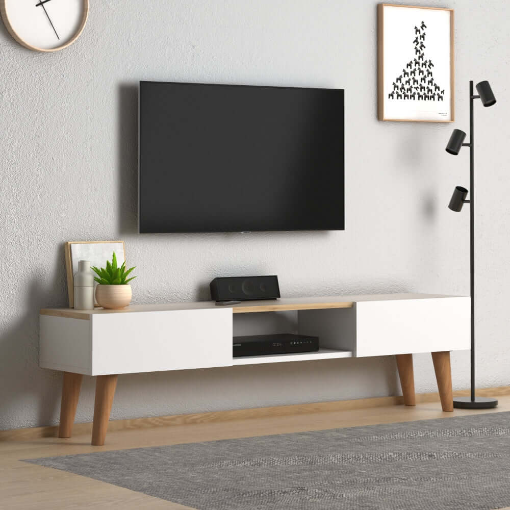 Home CanvasHome Canvas Atlantis Modern Tv Stand with 2 Wooden Wall Mount Shelf - Walnut TV Unit White-Oak