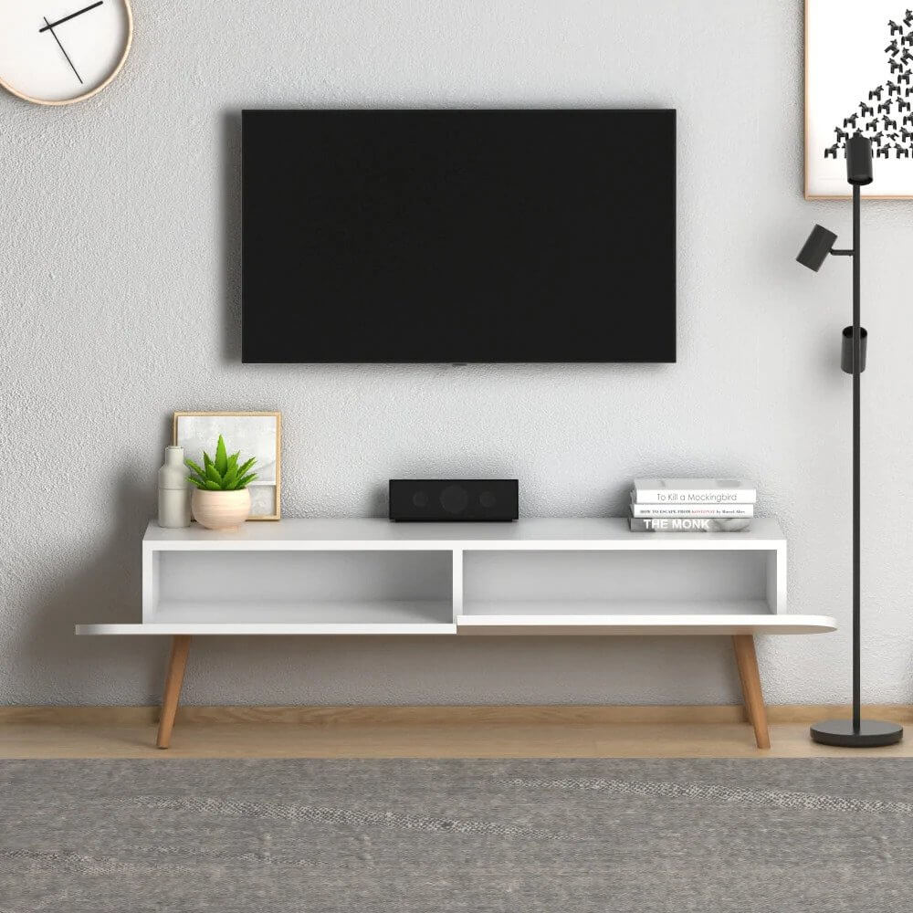 Home CanvasHome Canvas Lotus Modern TV Stand with Storage - Solid Wooden Legs - White TV Unit