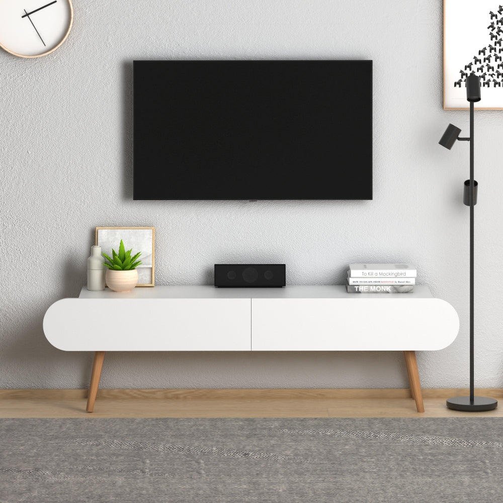 Home CanvasHome Canvas Lotus Modern TV Stand with Storage - Solid Wooden Legs - White TV Unit