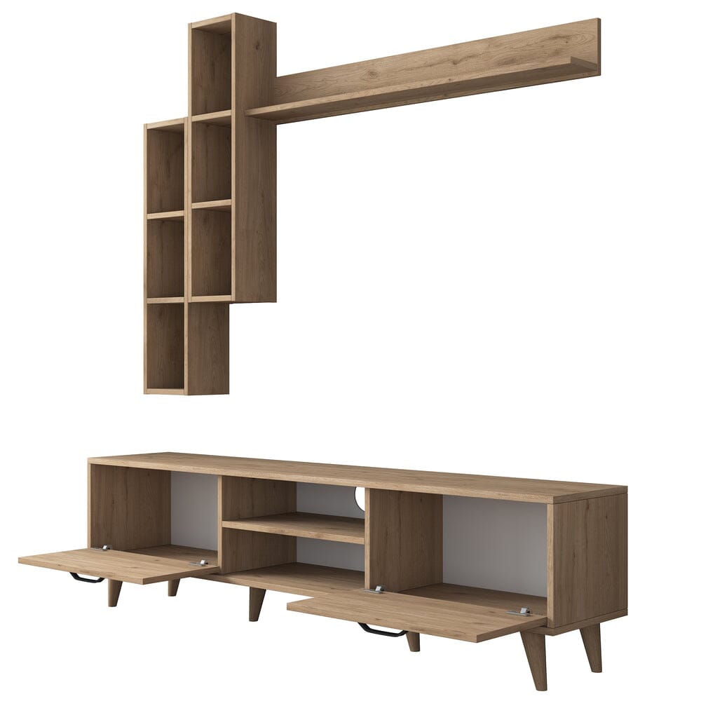 Home CanvasHome Canvas Lush Tv Unit With Wall Shelf Tv Stand With Bookshelf Wall Mounted With Shelf Modern Leg 180 cm - Walnut TV Unit
