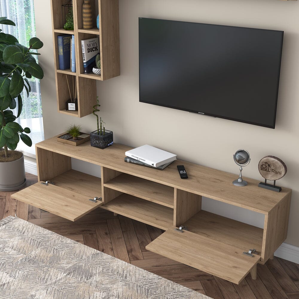Home CanvasHome Canvas Lush Tv Unit With Wall Shelf Tv Stand With Bookshelf Wall Mounted With Shelf Modern Leg 180 cm - Walnut TV Unit