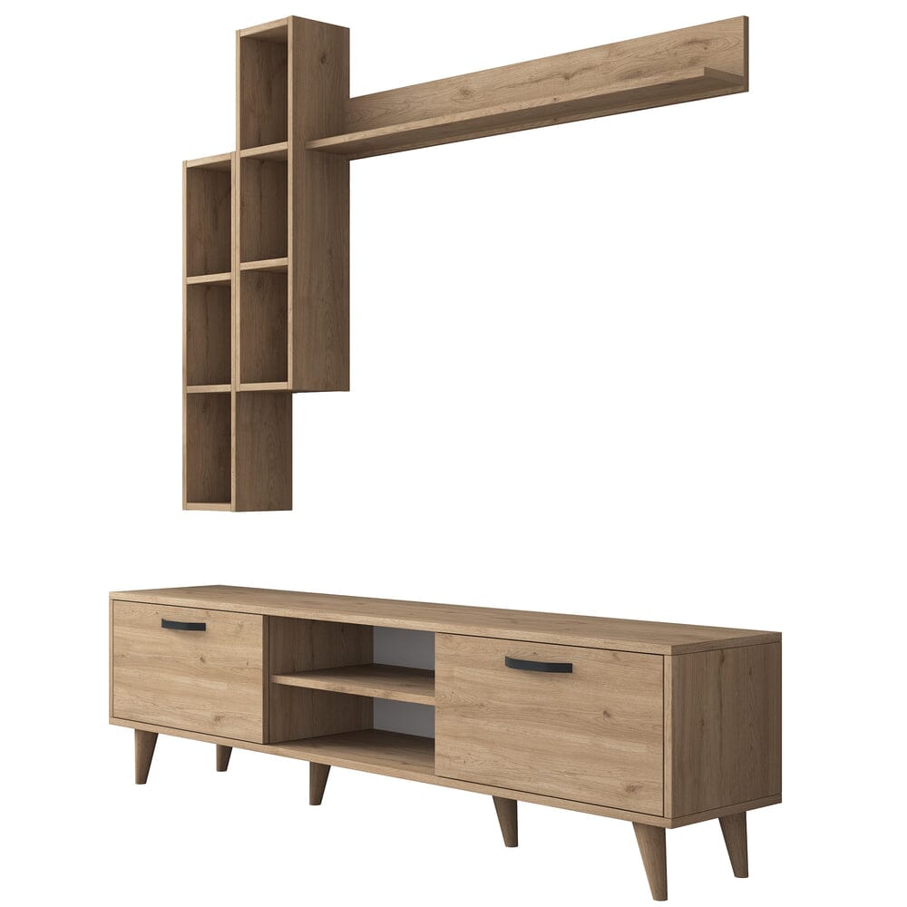 Home CanvasHome Canvas Lush Tv Unit With Wall Shelf Tv Stand With Bookshelf Wall Mounted With Shelf Modern Leg 180 cm - Walnut TV Unit