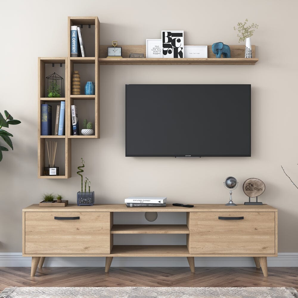 Home CanvasHome Canvas Lush Tv Unit With Wall Shelf Tv Stand With Bookshelf Wall Mounted With Shelf Modern Leg 180 cm - Walnut TV Unit