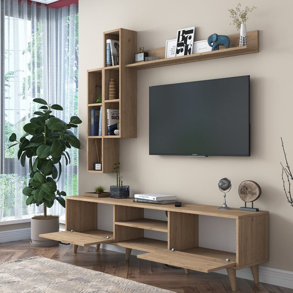 Home CanvasHome Canvas Lush Tv Unit With Wall Shelf Tv Stand With Bookshelf Wall Mounted With Shelf Modern Leg 180 cm - Walnut TV Unit