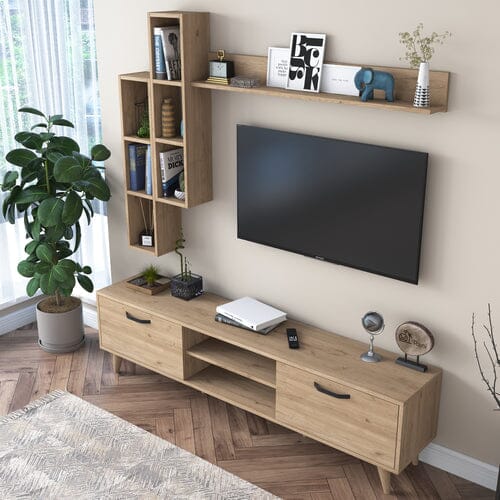Home CanvasHome Canvas Lush Tv Unit With Wall Shelf Tv Stand With Bookshelf Wall Mounted With Shelf Modern Leg 180 cm - Walnut TV Unit
