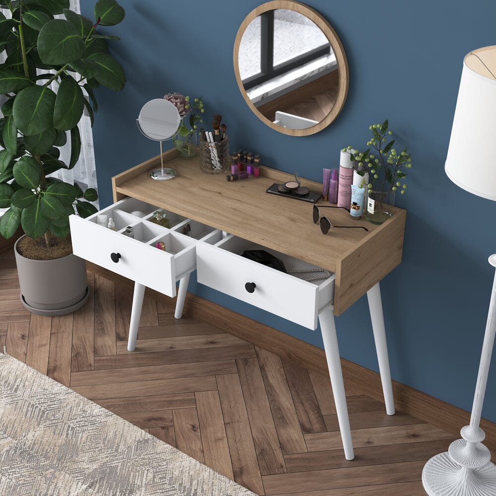 Home CanvasHome Canvas Makeup Dressing Table 2 Drawers Mirrored Jewelry Organizer S. Walnut - White Dressing Table