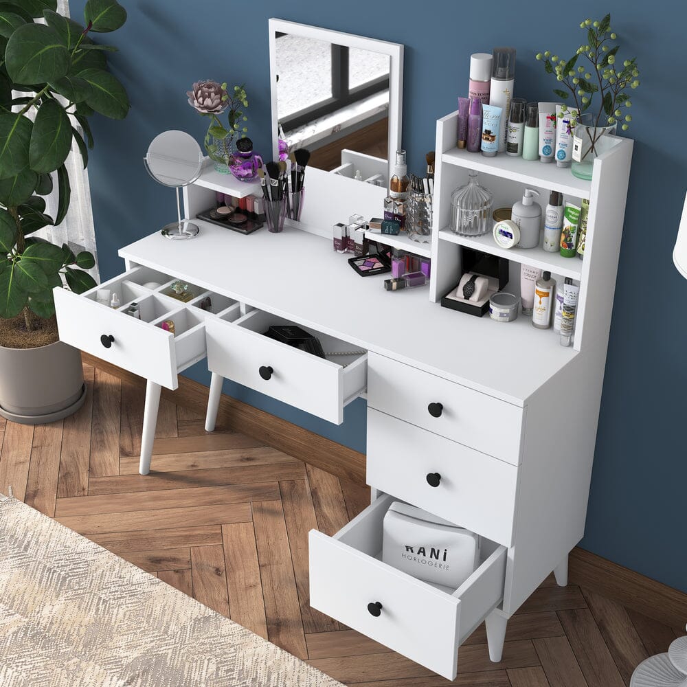 Home CanvasHome Canvas Makeup Dressing Table 5 Drawers Shelf Mirrored Jewelry Organizer White Dressing Table