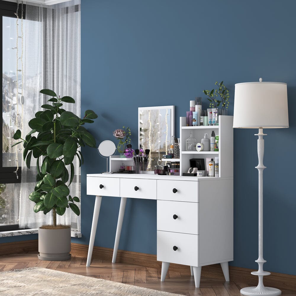 Home CanvasHome Canvas Makeup Dressing Table 5 Drawers Shelf Mirrored Jewelry Organizer White Dressing Table