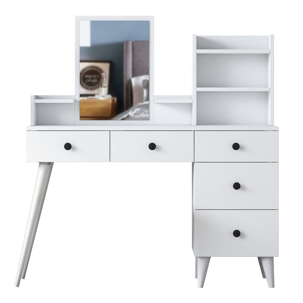 Home CanvasHome Canvas Makeup Dressing Table 5 Drawers Shelf Mirrored Jewelry Organizer White Dressing Table