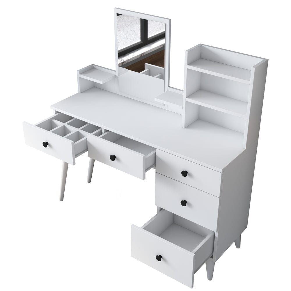 Home CanvasHome Canvas Makeup Dressing Table 5 Drawers Shelf Mirrored Jewelry Organizer White Dressing Table