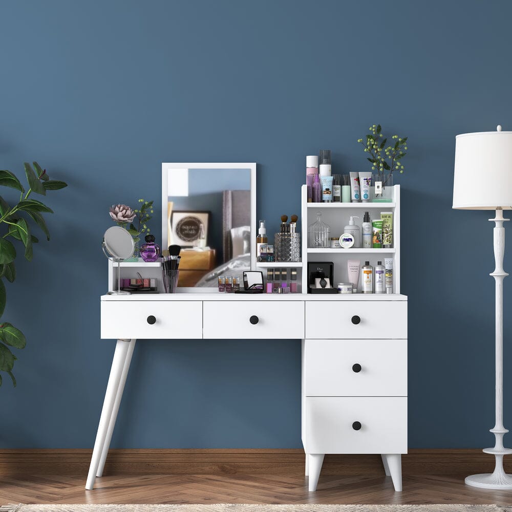 Home CanvasHome Canvas Makeup Dressing Table 5 Drawers Shelf Mirrored Jewelry Organizer White Dressing Table