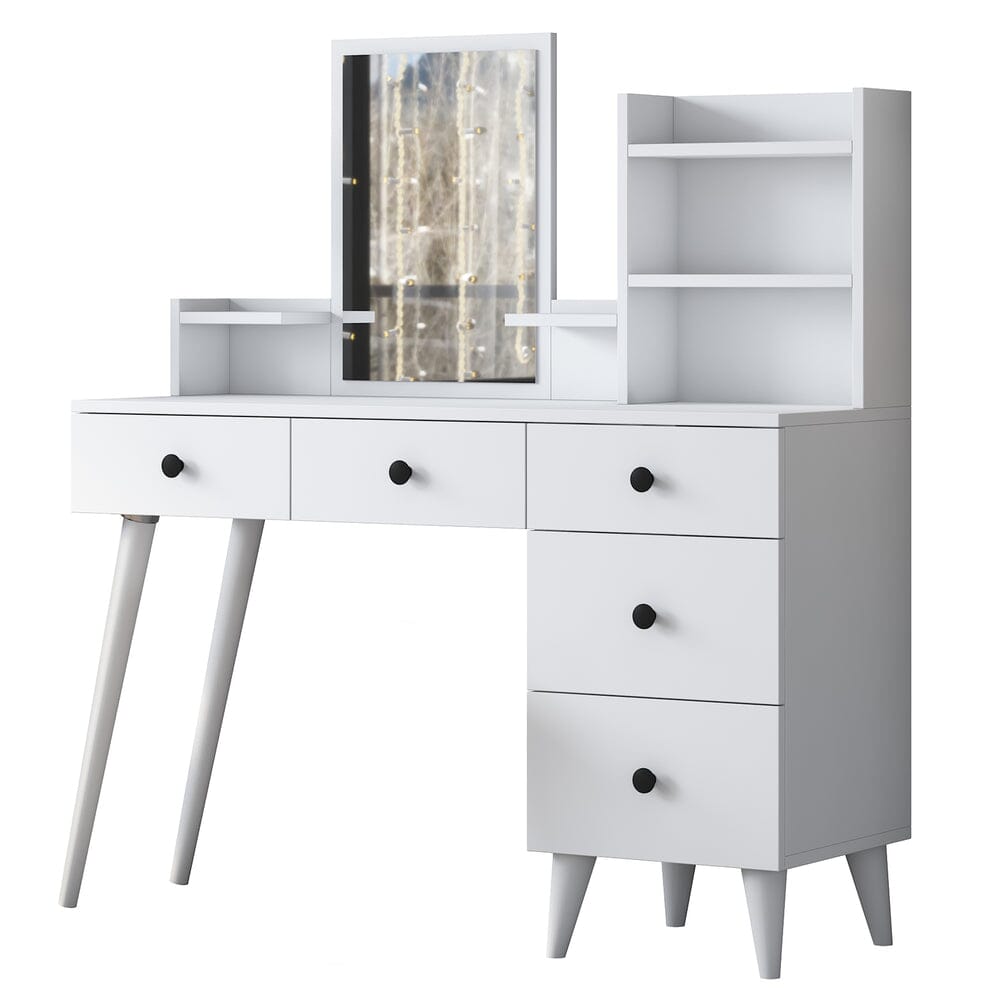 Home CanvasHome Canvas Makeup Dressing Table 5 Drawers Shelf Mirrored Jewelry Organizer White Dressing Table
