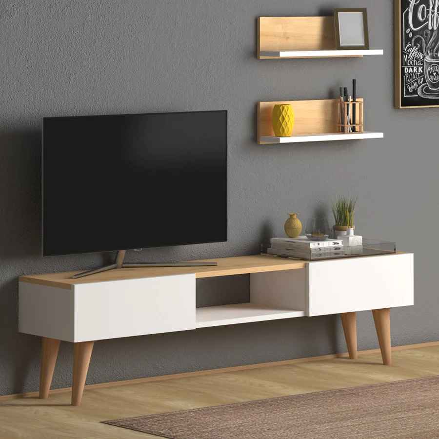 Home CanvasHome Canvas Modern TV Stand for Living Room with Mount Shelf - White Oak TV Unit