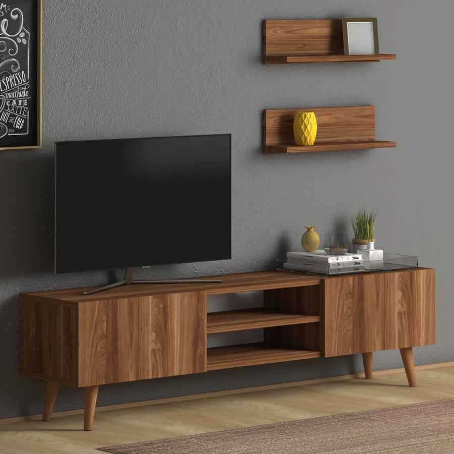 Home CanvasHome Canvas Plane Modern TV Stand with 2 Wooden Walnut Mount Shelf - Walnut TV Unit Walnut