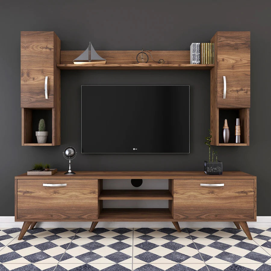 Home Canvas Furniture Trading LLC.Home Canvas TV Unit with Wall Shelf TV Stand with Bookshelf Wall Mounted with Shelf Modern Leg 180 cm - Walnut TV Stand