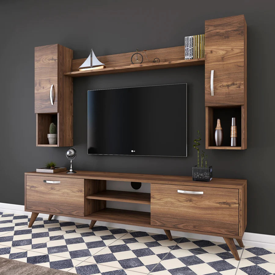 Home Canvas Furniture Trading LLC.Home Canvas TV Unit with Wall Shelf TV Stand with Bookshelf Wall Mounted with Shelf Modern Leg 180 cm - Walnut TV Stand