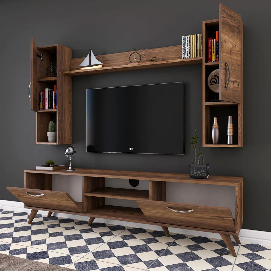Home Canvas Furniture Trading LLC.Home Canvas TV Unit with Wall Shelf TV Stand with Bookshelf Wall Mounted with Shelf Modern Leg 180 cm - Walnut TV Stand