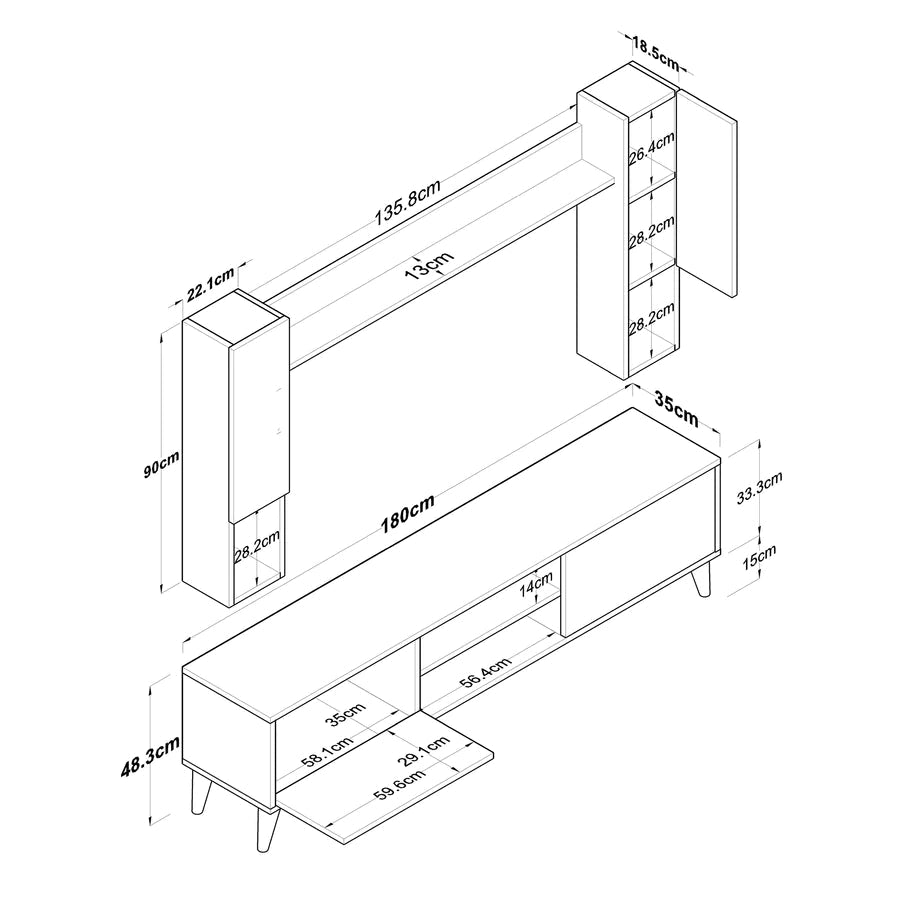 Home Canvas Furniture Trading LLC.Home Canvas TV Unit with Wall Shelf TV Stand with Bookshelf Wall Mounted with Shelf Modern Leg 180 cm - Walnut TV Stand