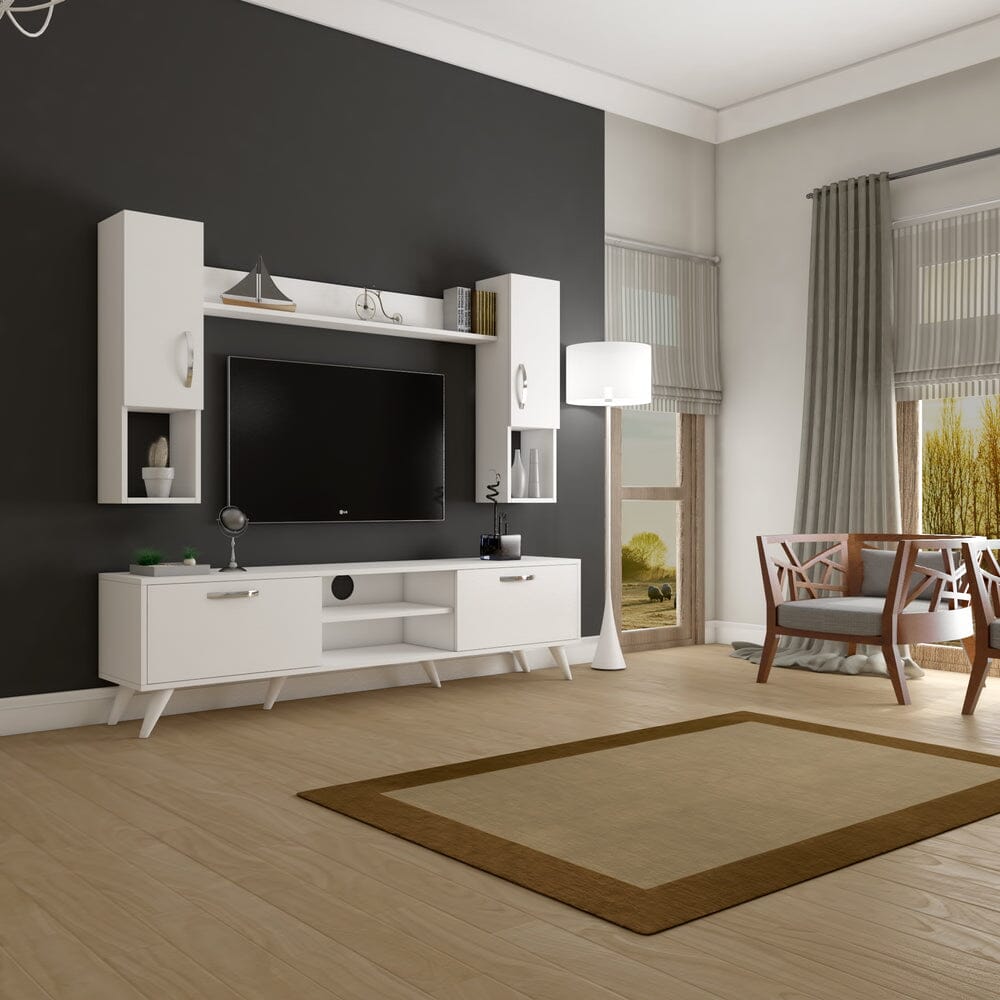 Home CanvasHome Canvas Tv Unit With Wall Shelf Tv Stand With Bookshelf Wall Mounted With Shelf Modern Leg 180 cm - White TV Unit