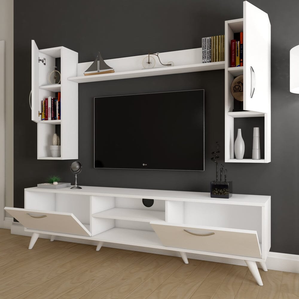 Home CanvasHome Canvas Tv Unit With Wall Shelf Tv Stand With Bookshelf Wall Mounted With Shelf Modern Leg 180 cm - White TV Unit