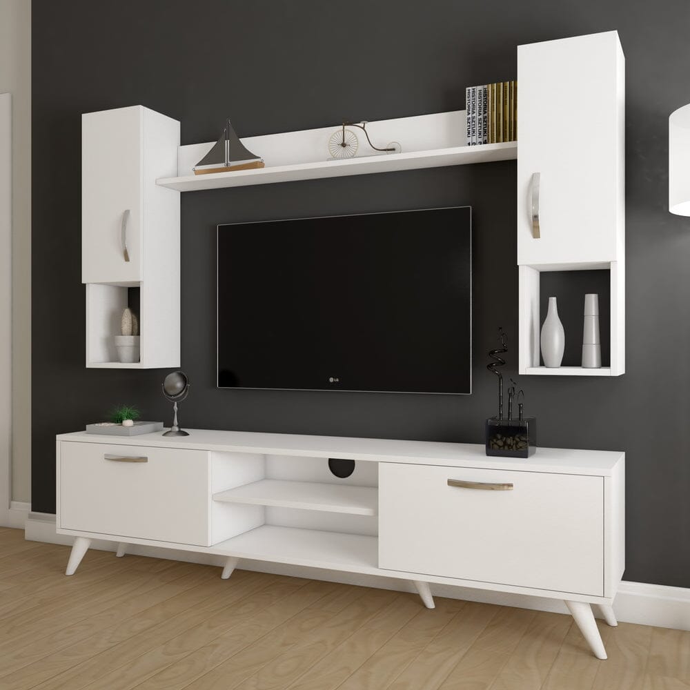 Home CanvasHome Canvas Tv Unit With Wall Shelf Tv Stand With Bookshelf Wall Mounted With Shelf Modern Leg 180 cm - White TV Unit