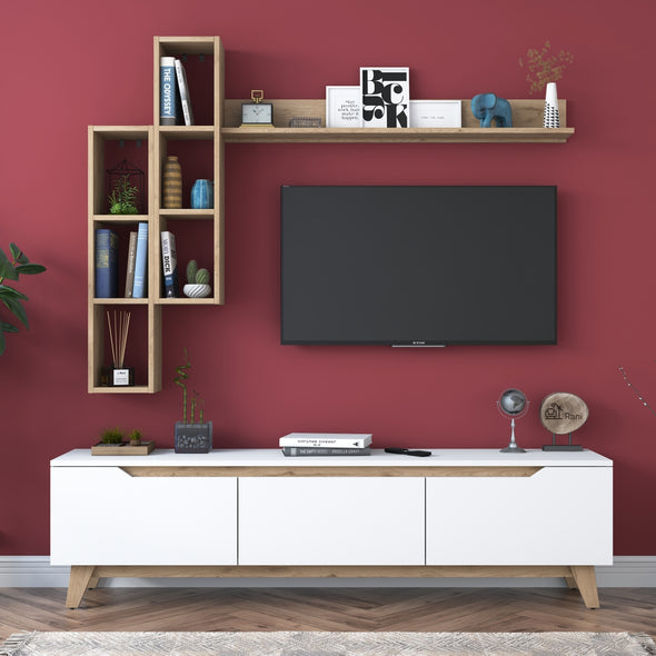 Home Canvas Lana Wall Unit Modern Upto 60in TV - White and Oak