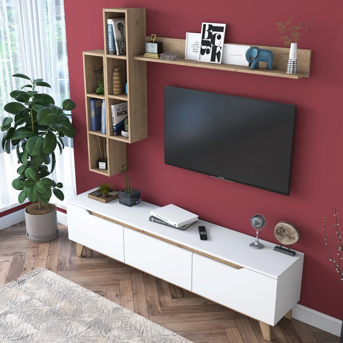 Home Canvas Lana Wall Unit Modern Upto 60in TV - White and Oak