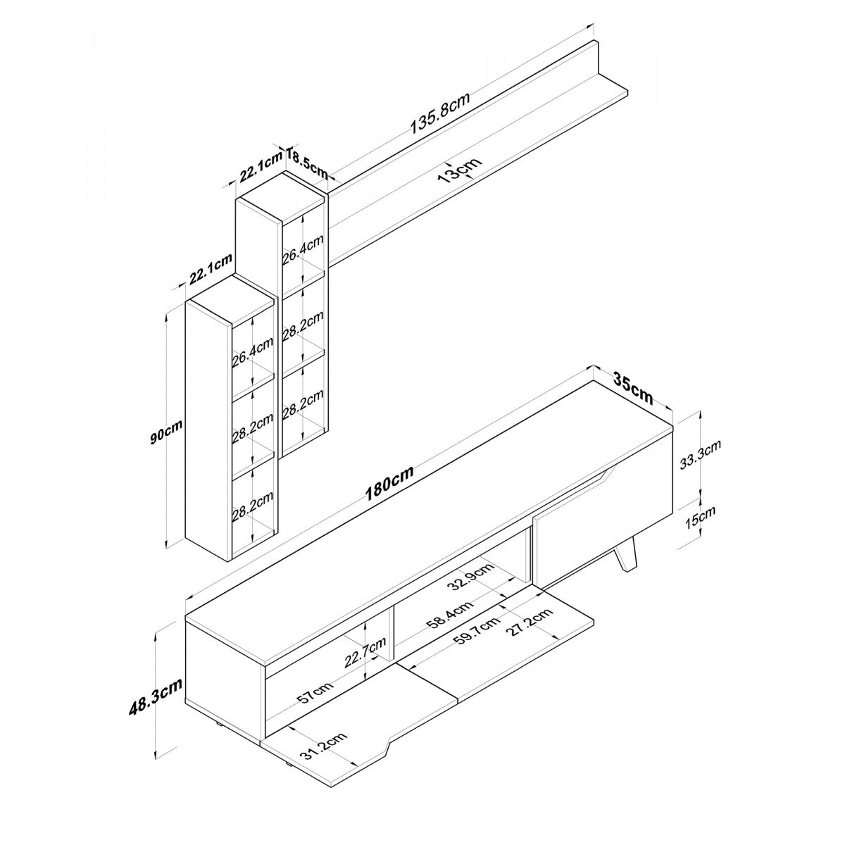 Home Canvas Lana Wall Unit Modern Upto 60in TV - White and Oak