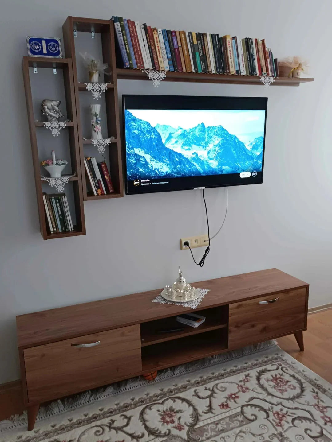 Home Canvas Tv Unit With Wall Shelf Tv Stand With Bookshelf Wall Mounted With Shelf Modern Leg 180 cm