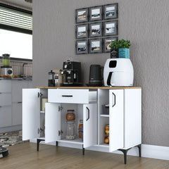 White kitchen island with wooden countertop in a modern kitchen setting.